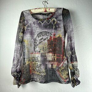 Viaggio Women's Blouse Sheer Ruched Long Sleeve Graphic Art Letter Print Size 42